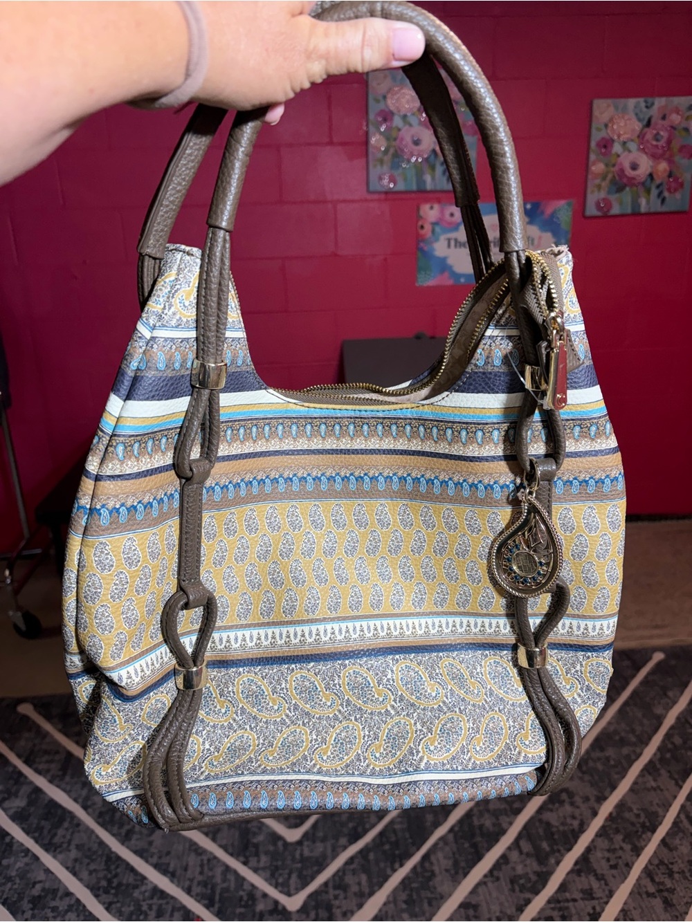 Patterned Tote Bag with Brown Trim - Unbranded